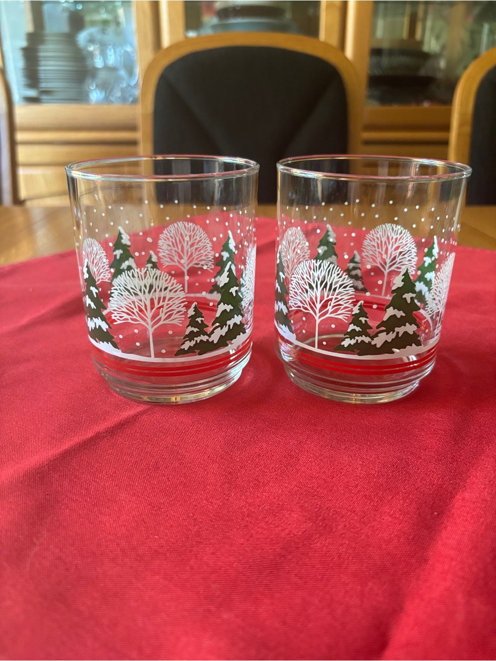 Vintage Holiday Winter Trees Glass Tumbler Set - White & Green Tree Design